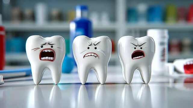Three cracked cartoon teeth, each showing a unique expression of pain, set against a backdrop of a cartoonish dental office with oversized toothpaste tubes and toothbrushes