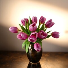 Obraz premium a bouquet of pink and purple tulips in a blue vase