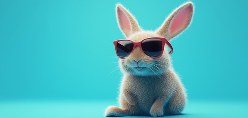 Cute, happy, smiling rabbit wearing sunglasses, high-resolution photography isolated on a blue background