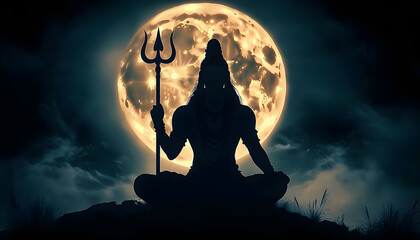 Illustration of lord shiva silhouette with trident against full moon for maha shivratri.
