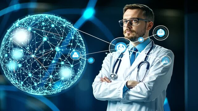 A doctor standing in front of a glowing D globe made of interconnected data points, holding a stethoscope with a thoughtful expression