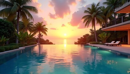 Fototapeta premium Infinity Pool at Sunset with Tropical Trees, Reflections, and Modern Villa