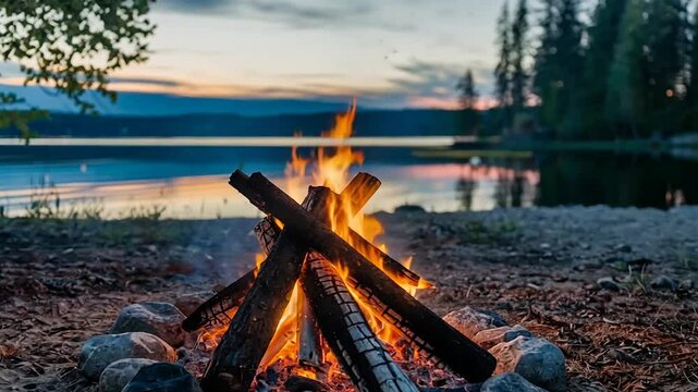 A glowing campfire on the beach, casting warm light as the sun sets on the horizon, creating a serene atmosphere