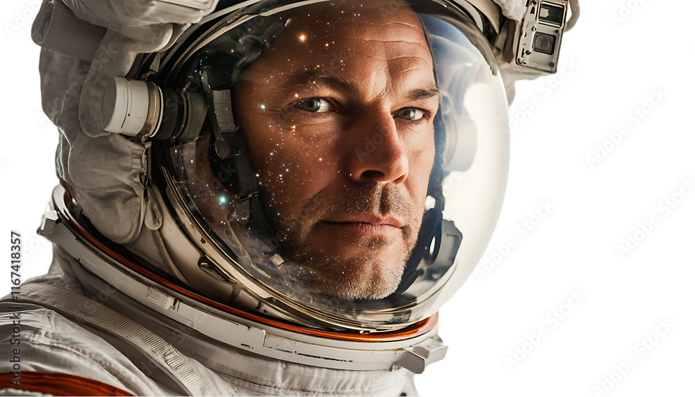 Poster astronaut in space helmet with cosmic background, symbolizing exploration.