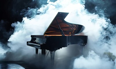 Grand piano surrounded by dramatic swirling smoke in a mystical and atmospheric scene