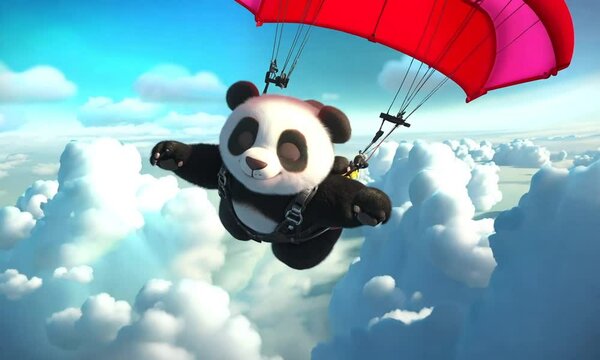 Animated panda skydiving with a red parachute in a vibrant sky filled with fluffy clouds