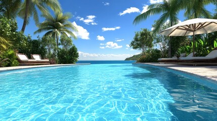 Obraz premium Clear blue water in a modern pool with palm trees. A serene pool surrounded by lush tropical beauty