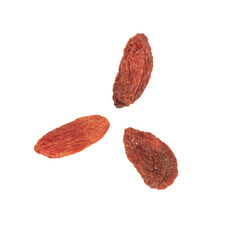 Three dried goji berries placed on a white background. A healthy and nutrient-rich snack option known for its antioxidant properties.