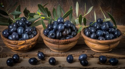 Artisan green and black olives displayed in wooden bowls with fresh leaves on rustic wood