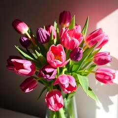 Obraz premium a bouquet of pink and purple tulips in a blue vase