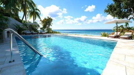 Clear blue water in a modern pool with palm trees. A serene pool surrounded by lush tropical beauty