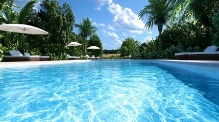 Fototapeta premium Clear blue water in a modern pool with palm trees. A serene pool surrounded by lush tropical beauty