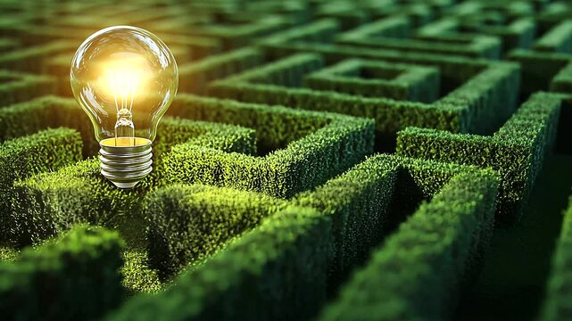 A glowing lightbulb suspended in the air at the heart of a meticulously crafted green maze, the surrounding paths in shadow except for the lit center