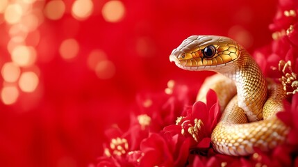 Fototapeta premium A golden snake elegantly rests among vibrant red flowers, creating a striking contrast against a blurred background of shimmering lights.