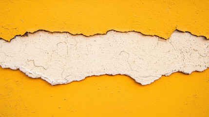 Obraz premium Close-up of cracked yellow wall with peeling white paint, showcasing texture and color.