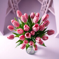 Obraz premium a bouquet of pink and purple tulips in a blue vase