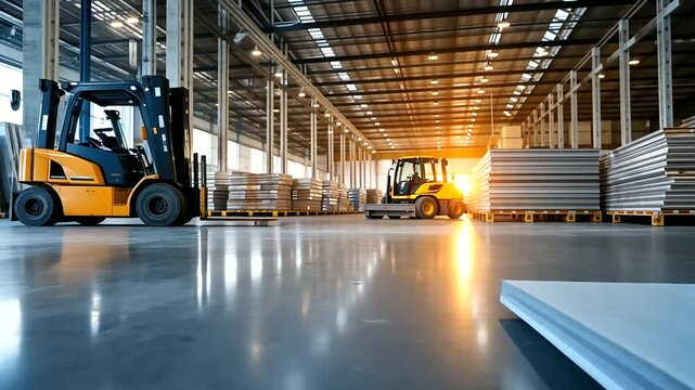 An organized pile of drywall sheets set in a large construction area, with visible steel beams and a forklift in the background, emphasizing scale and progress