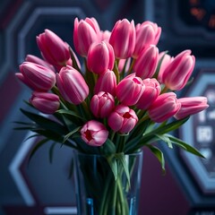 Obraz premium a bouquet of pink and purple tulips in a blue vase