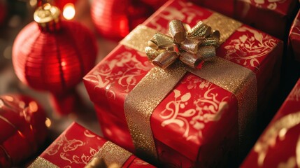 Festive Christmas Gifts with Red Wrapping and Golden Bow Decorations