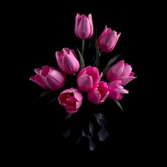 Fototapeta premium a bouquet of pink and purple tulips in a blue vase