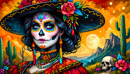 Mexiko und der Tag der Toten, Frau mit symbolischen Bemalungen und traditionellen Kost&uuml;me mit Blumen w&auml;hrend der mexikanischen Feiertage D&iacute;a de Muertos, Panorama.