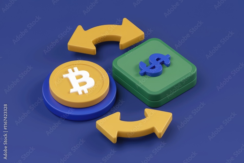 Poster 3d render of bitcoin and us dollar exchange, illustrating cryptocurrency trading and conversion.