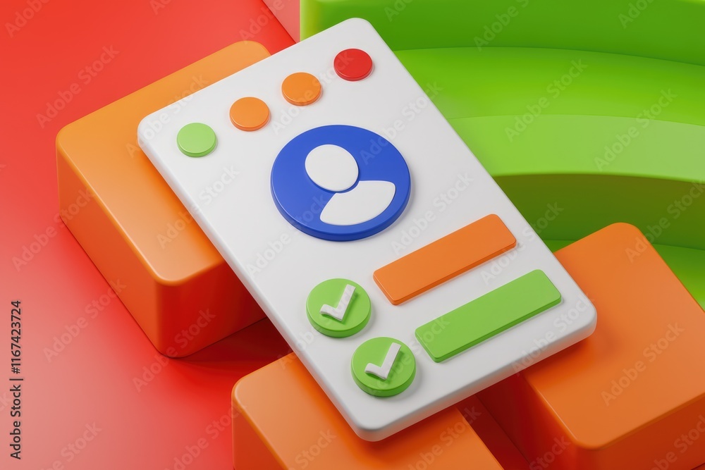 Poster 3D render of a user interface showcasing profile settings with checkboxes and colorful buttons.
