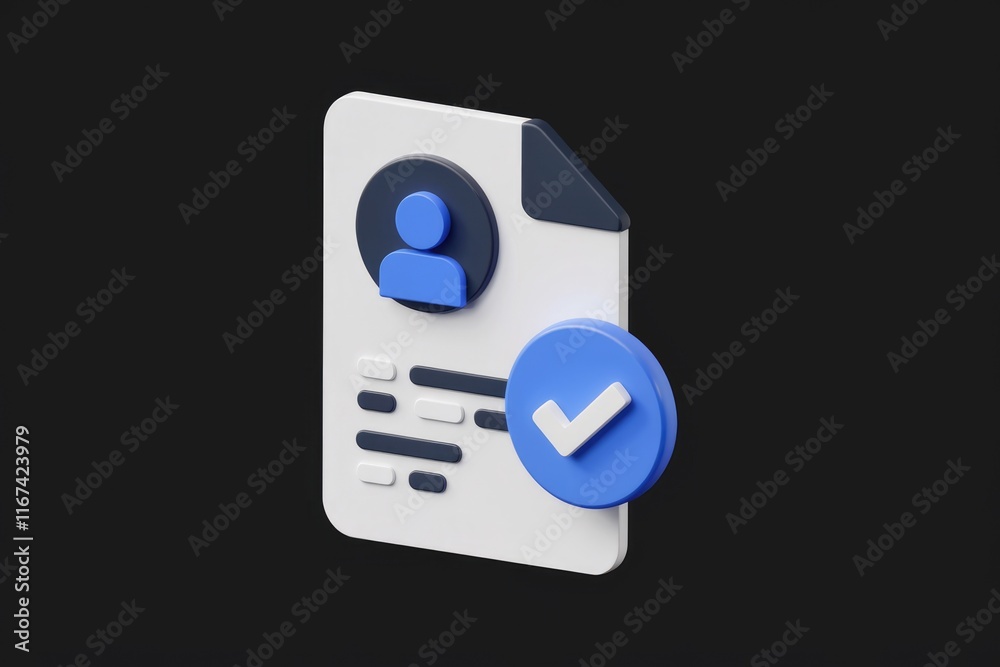 Poster 3D rendering of a profile document with a checkmark, signifying successful profile completion or verification.