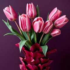 Obraz premium a bouquet of pink and purple tulips in a blue vase