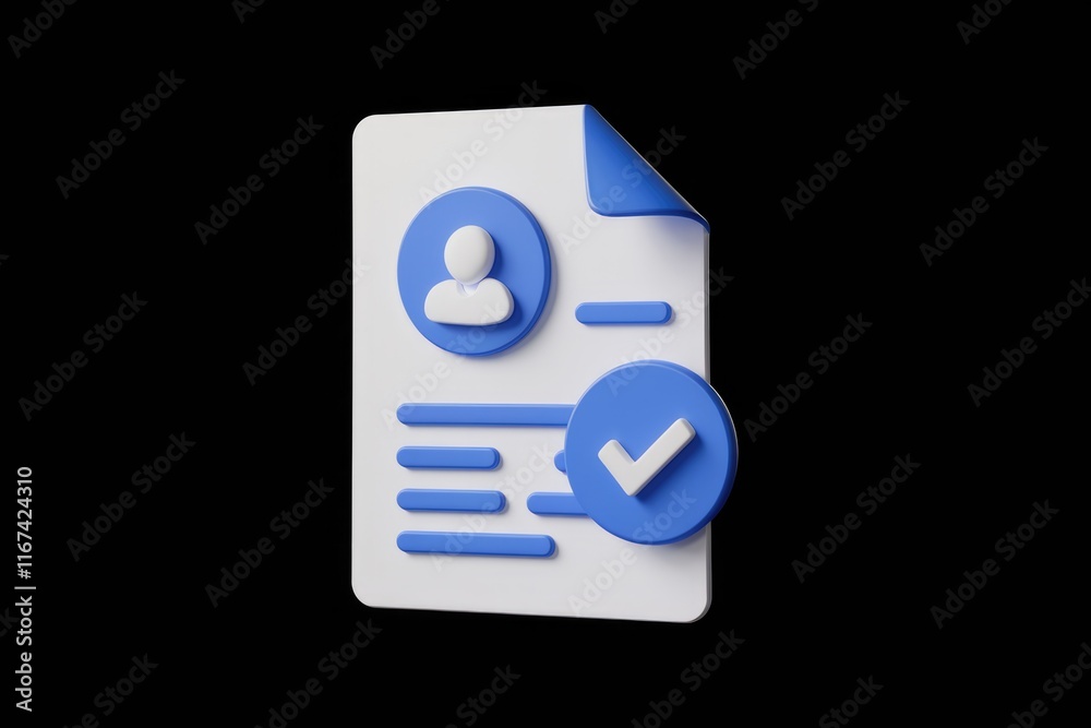 Poster 3D rendering of a document with a profile picture and a checkmark, signifying successful profile completion.