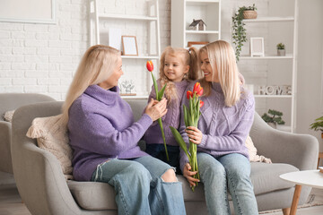 Little girl with her mother and grandmother sitting on sofa at home