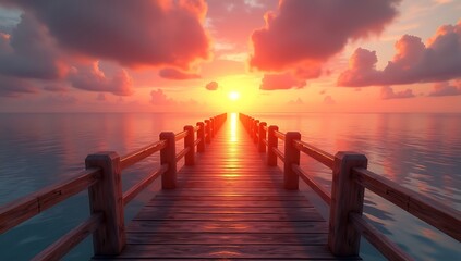 Obraz premium Vibrant Ocean Sunset with Illuminated Wooden Pier and Reflective Waters