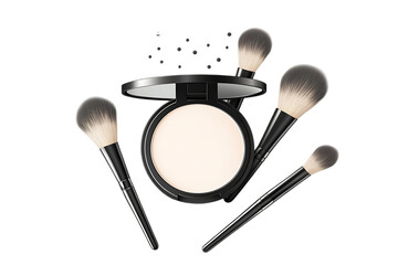 Makeup essentials featuring a compact powder and brushes for beauty application.