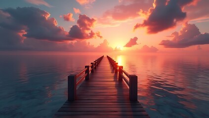 Obraz premium Vibrant Ocean Sunset with Illuminated Wooden Pier and Reflective Waters