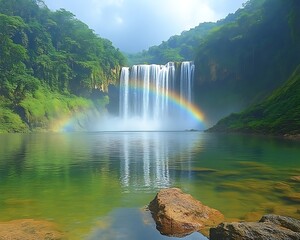Fototapeta premium Majestic waterfall with rainbow over tranquil pool.