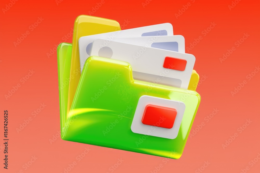 Poster a vibrant 3d illustration of a folder containing multiple documents, showcasing digital organization