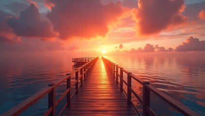 Fototapeta premium Vibrant Ocean Sunset with Illuminated Wooden Pier and Reflective Waters