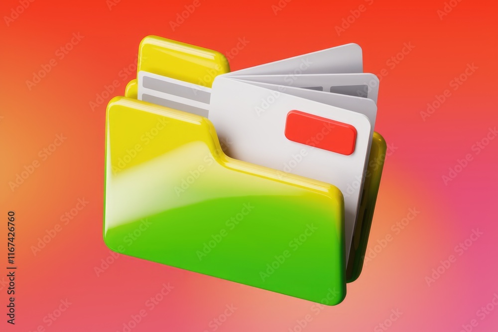 Poster a vibrant 3d illustration of a folder containing multiple documents, representing digital organizati