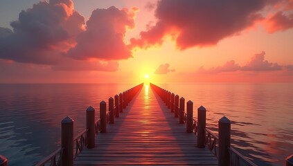 Fototapeta premium Vibrant Ocean Sunset with Illuminated Wooden Pier and Reflective Waters