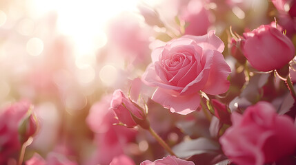Pink roses blooming in a garden surrounded by nature and beauty, a perfect display of love and romance with vibrant petals and blossoms