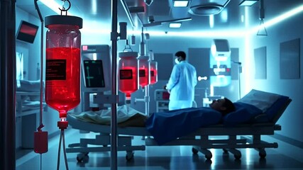 A medical scene featuring plasma bags suspended on IV poles, with a nurse adjusting the flow rate while a patient rests in the background - Powered by Adobe
