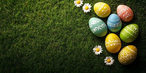 Naklejka premium Colorful Easter Eggs on Green Grass Background