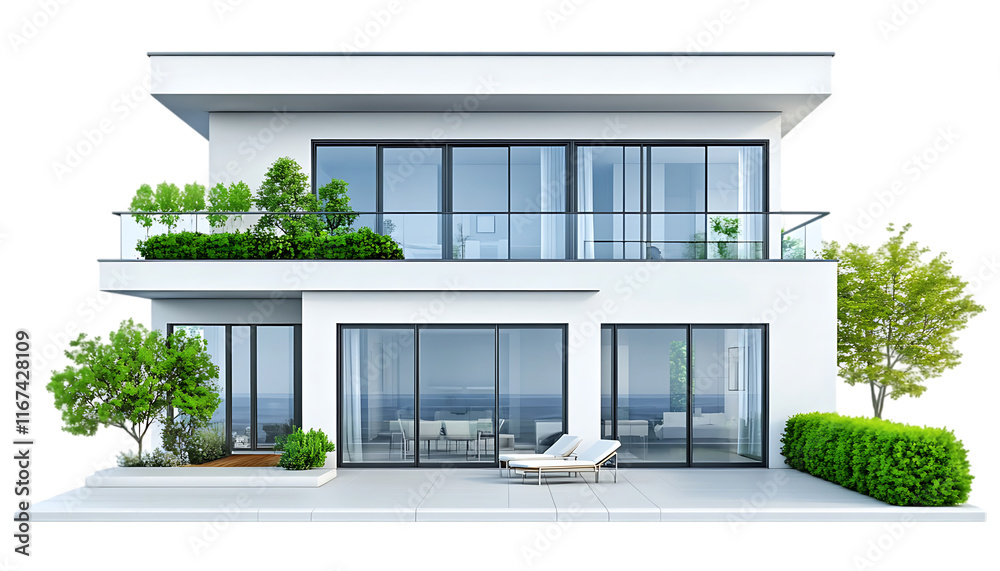 Poster modern two-story house with large windows and greenery on balconies.