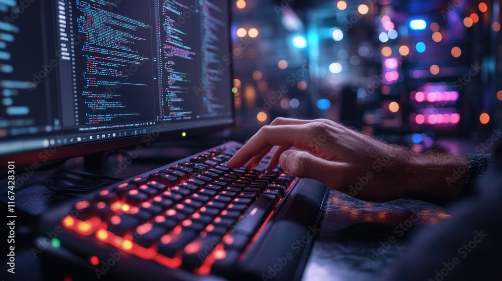 Poster hand typing on backlit keyboard with code on screen