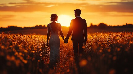 Silhouetted Couple Walking Into Sunset Field