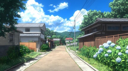 Serene rural street in a vibrant animated setting with blooming flowers.