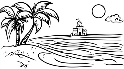 Tropical Beach Scene With Palm Tree And Sandcastle