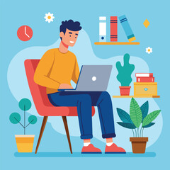 man working on his laptop, vector illustration	