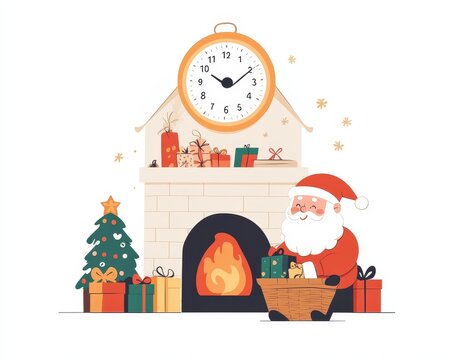 santa claus with gifts by fireplace clip art preview