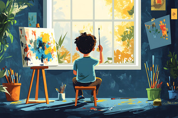 A child painting by a window, surrounded by art supplies and vibrant colors.